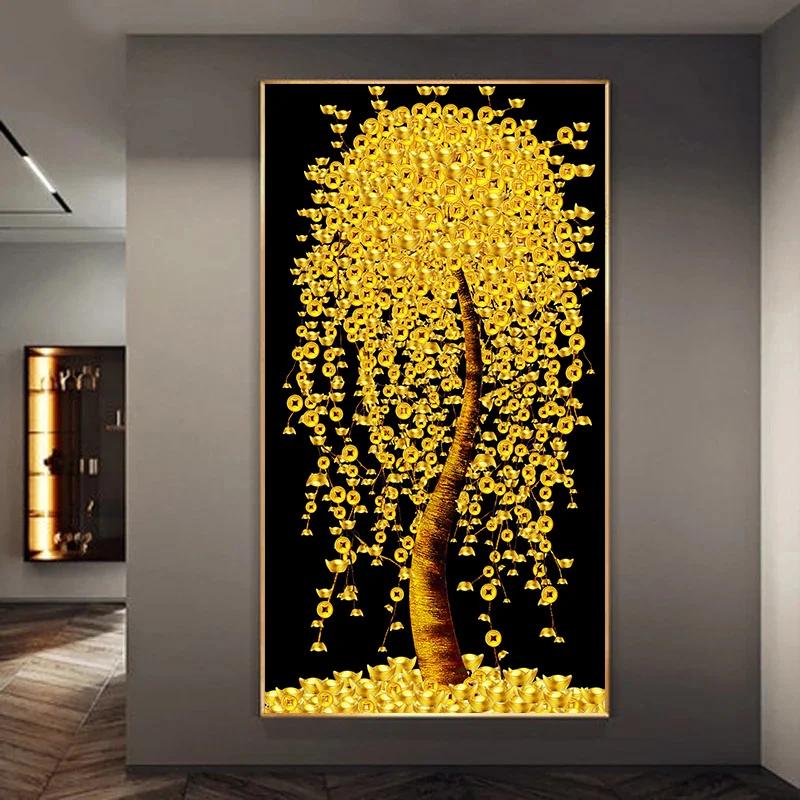 현대 북유럽 미술 골드 현금 암소 럭셔리 포스터, 황금 잎, 갈색 나무 캔버스 페인팅, 거실 홈 장식 벽 장식